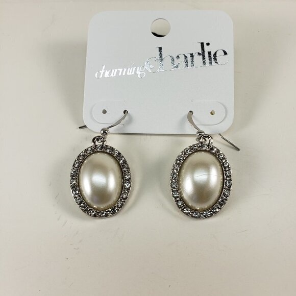 Charming Silver-Tone Teardrop Pearl Earrings – Rhinestone Halo Elegance Jewelry - Picture 7 of 7